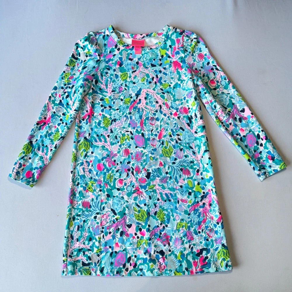 Lilly Pulitzer Girls Dress L‎ 8-10 Blue Pink Cotton Blend Diann Coastal Aquatic
